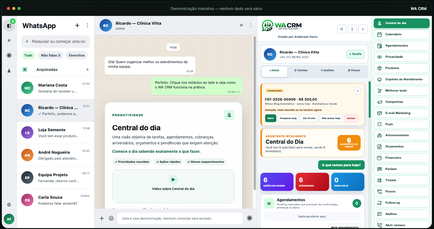 Tela completa do WhatsApp Web integrado ao shopallisales, com conversas, Central do Dia e módulos de gestão